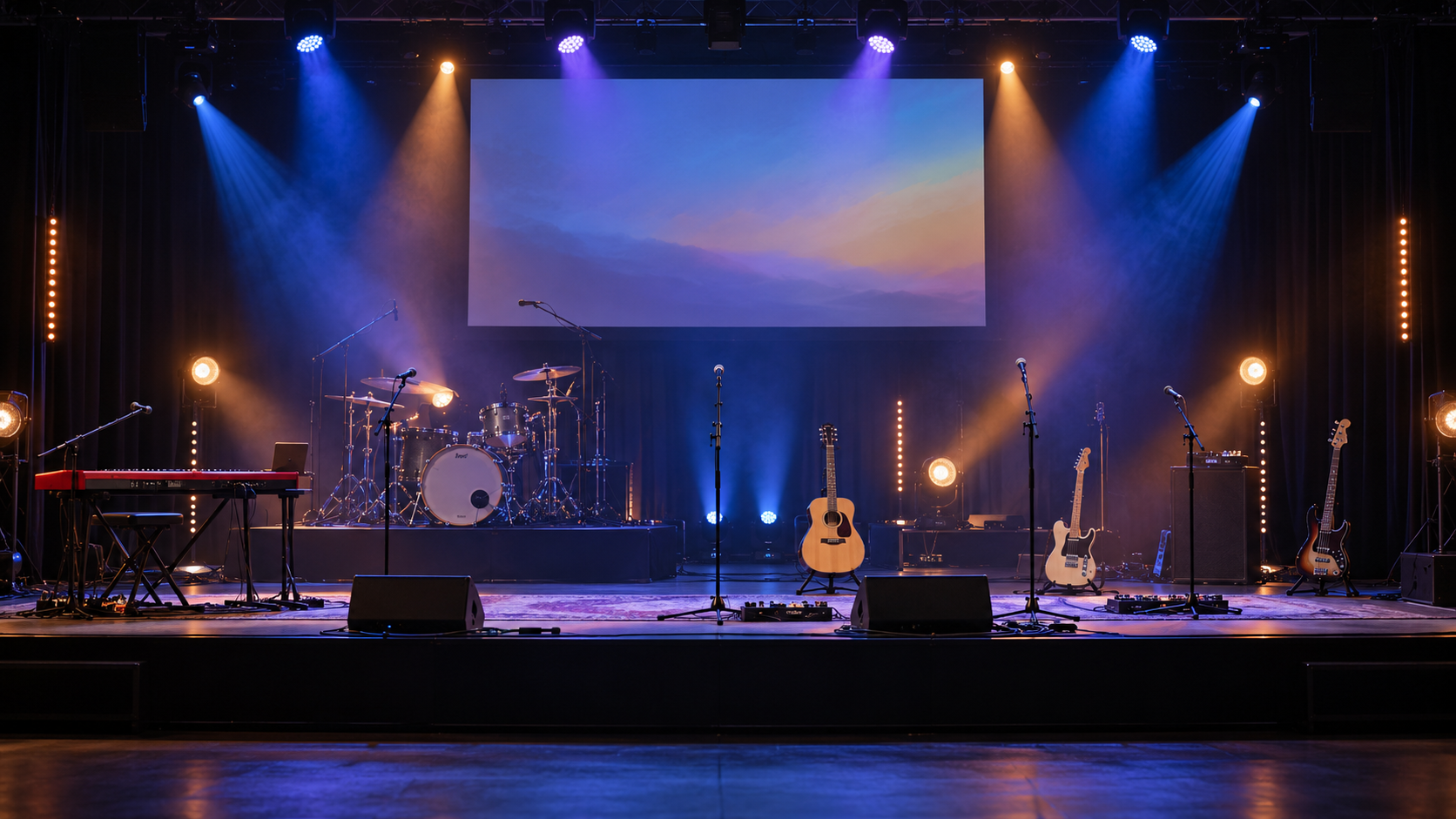 Fiktive Gottesdienstbühne mit Schlagzeug, rotem Nord-Stage-Keyboard, akustischer und elektrischer Gitarre, Bass und Mikrofonständern